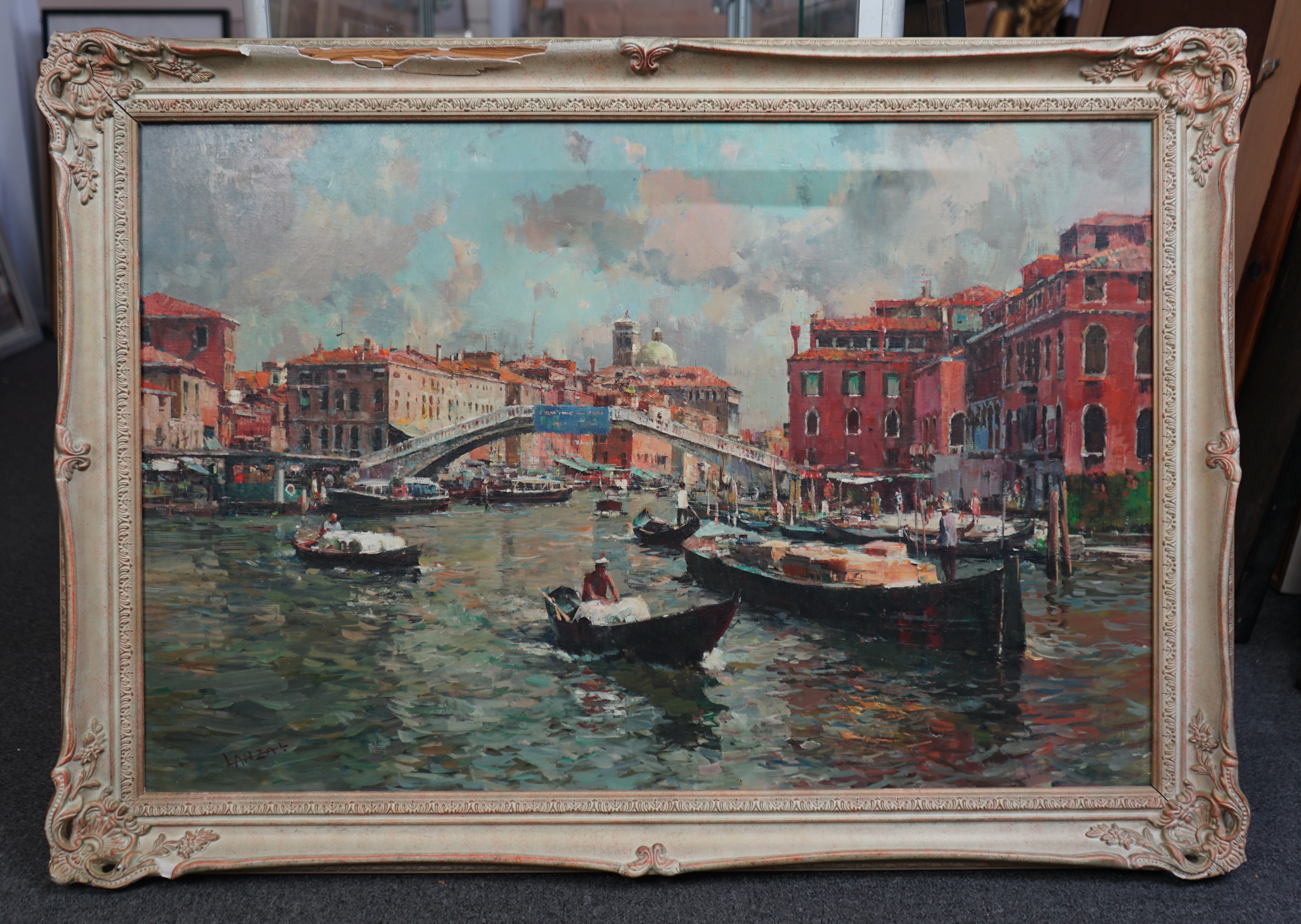 Luigi Lanza (Italian, b.1860), oil on canvas, The Rialto Bridge, Venice, signed, 60 x 90cm